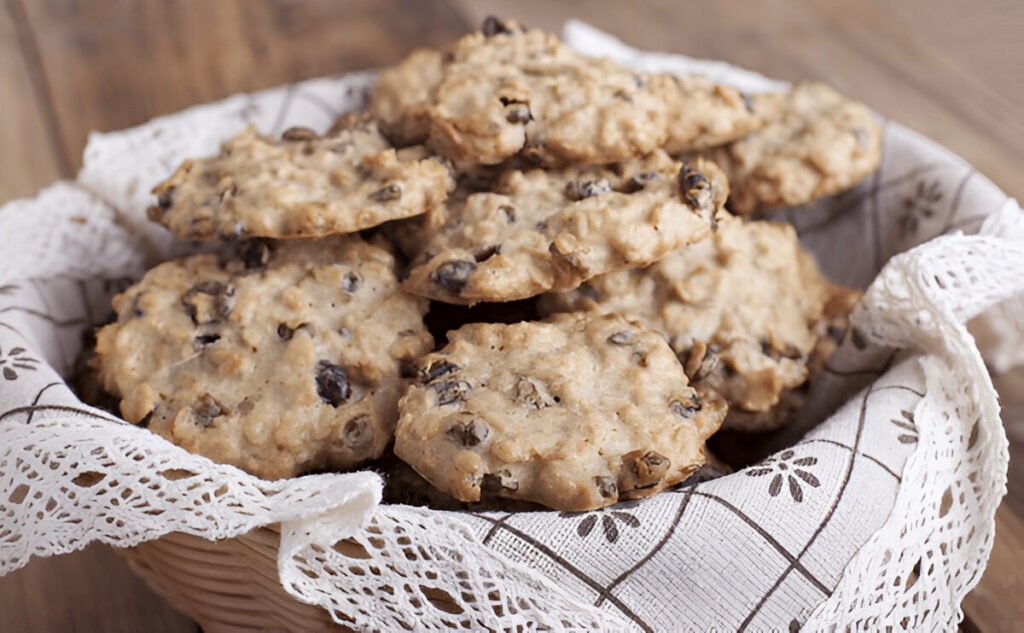 Biscotti al cioccolato e avena appena sfornati su una teglia